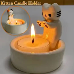 Hållare Cartoon Kitten Candle Holder, harts kattljushållare, kattunge värmer sina tassar söta doftande ljushållare kattljusljus