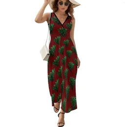 Lässige Kleider funkelnder Weihnachtsbaumkleid Retro -Print -Ästhetik Böhmen Lange Frauen Süßes Muster Maxi Geschenkidee