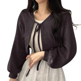 Women's Knits Cardigan Tops Spring Autumn Crop Sweater Jackets Fashion Retro Solid Color All-Match Coat With Bandage