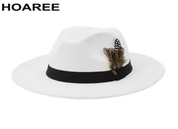 Hoaree White Wool Vintage Trilby Felt Fedora Hat with Feather Women Men Hurs Hats Wide Brim Male Anime Autumn Jazz Caps Q08054885847