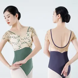 Bühnenbekleidung Frauen V-Ausschnitt Ballett Kostüme bestickter Mesh Splice Lotard Kurzärmel Gymnastik Erwachsener Bodysuit