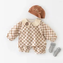 Clothing Sets 2024 Spring Kid Plaid Pullover Shirt Set Boy Children Cartoon Lapel Tops Pants 2pcs Girl Baby Cotton Loose T-shirt Suit