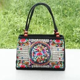 Ethnic Style Doublesided Embroidered Doublelayer Bag Canvas Middleaged And Elderly Women Handbag Square 240423