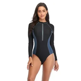 White Solid Color One-Piece Swimsuit Long Sleeve Swimwear Sports Women's Swimming Bathing Suit Beach Bather Surfing Swim Wear