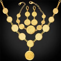 Coin Necklace Bracelet Earrings Jewelry Set For Women Muslim Arabic Money Sign Gold Color Middle Eastern/ African Vintage NEH882 240415