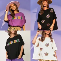 Loose Sequin Crown T-Shirt Women Top 2024 Summer Retro Purple T-shirt mode Kort ärm Top Woman kläder 240410