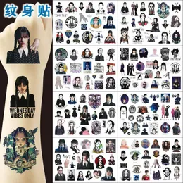 Tattoo Transfer 2023 Ny TV -serie Onsdag Addams Movie Tattoo Stickers Movie Art Sticker for Women Girls Roll Spela Fun for Kid Toy 240426