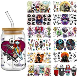 Tattoo Transfer UV DTF Cup Wrap Transfer Stickers för Glass Jack och Sally Rub On Transfers Decal för 16oz Glass Cups Furniture Wood Craft 240426