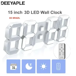 Relógios Deeyaple 15 polegadas 3d led parede digital relógio grande despertador controle remoto controle snooze escurecimento automático 12/24h Data de decoração de casa