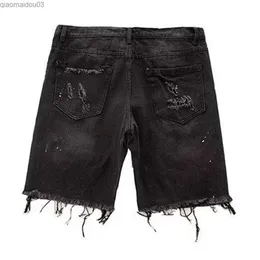 Pantaloncini di denim anti -deformazione dei jeans maschile per mens estate in denim in denim in difficoltà con fori rotti di dritta, lunghezza del ginocchio jeansl2404