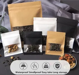 Yeniden kapatılabilir kahverengi/beyaz/siyah kağıt temiz pencere fermuar torbası ısı sızdırmazlık şeker atıştırmalık çay kapsül tohumları pencere ambalaj torbaları