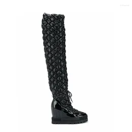 Boots Black Sewed Leather Thick Platform Wedge Thigh Embossed Inner Increased Heel Ladies Over Knee Space