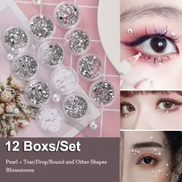 Tatuaggi 12 scatole set diamanti perle glitter viso e occhi paillettes sequestri adesivi stadio cosmetici lacrima a goccia misto di paillettes accessori