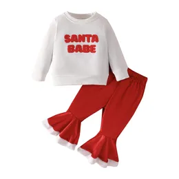 Christmas fuzzy clothes Girl Santa Baby Letter simple hoodie + Fashion bell bottoms children's suit