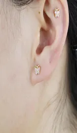 Modeguldfärg Micro Pave CZ Butterfly Pink Stone Stud Earring för kvinnor 925 Sterling Silver Tiny Crystal Zirconia Jewelry Gif1799035