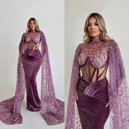 Retro High Collar Evening Dresses Mermaid Prom Gowns Beading Long Sleeve Slim Party Dress with Cape Custom Made Vestidos de noche