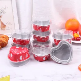 Moulds 10Pcs/Set 100ML Heart Shaped Aluminum Foil Cake Pan Cupcake Cup with Lids Flan Baking Pans for Mother's Day Valentine's Day Wedd