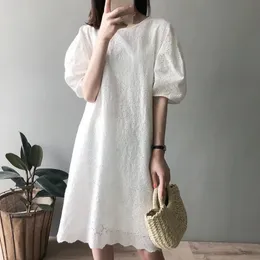 Yaz Elbise Kadınlar A-Line O-Neck Puff Sleeve Uzun Diz Uzunluk Plaj Gündelik Partisi Pamuk Dantel Beyaz Frocks Lady 240418