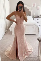 2024 Pink Sequins Prom Dresses Sweetheart Neckline Mermaid Evening Dress with Slit Spaghetti Custom Made