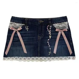 Skirts Streetwear Skirt Y2K Womens Gothic Lace Sexy Retro Blue Mini Pleat A Line Girl Sweetheart High Waist Slim Short