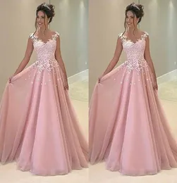 Billig baby rosa 2021 prom Kleider appliziert Spitze eine Linie Tüll Langkleider Party Abend formelle Cocktailparty Kleid3679459