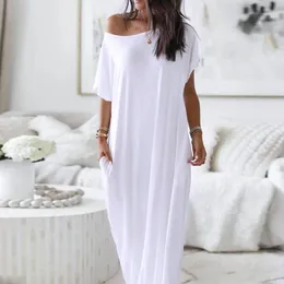 White Womens Maxi Dress Daily Casual Loose Elegant Short Sleeve Shoulder Pocket Party Streetwear Female 240418