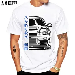 Erkek Tişörtler Skyline R34 GTR V Spec Yarım Ön İllüstrasyon T-Shirt Yeni Yaz Erkekler Kısa Slve Japonya Klasik Otomobil Günlük Boy TS TOPS T240425