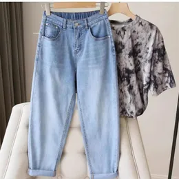 Calça de jeans feminino calças de jeans cortado Highwaist Mulheres tendendo a cintura elástica casual calça coreana de moda de streetwear