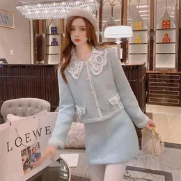 Work Dresses Women's Autumn Winter Mink Velvet Woolen Coat Half-Length Skirt Two-Piece Sets/Suits Blue Pink Ladies