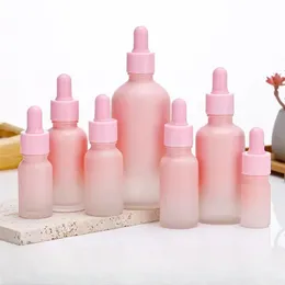 2024 5ml-50ml Garrafa de vidro fosco rosa com gotas de pipeta, garrafas de óleo essencial rosa, garrafa de embalagem de essência cosmética para garrafa de óleo essencial com pipeta