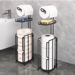 2 Pack fristående toalettpappershållare stativ, toalettvävnadspappersrulle förvaring med hylla och reserv