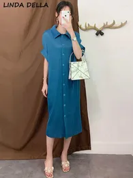 Parti elbiseleri linda della yaz moda tasarımcısı siyah vintage pileli elbise kadınların yaka tek göğüslü yüksek bölünmüş gevşek gevşek gündelik uzun