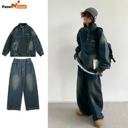 Retro Denim مجموعة رجال فضفاضة خمر رعاة البقر مقنعين سلك جينز عريض الساق ذكر 2 قطعة مجموعة الشارع الياباني الربيع الخريف بدلات 240415