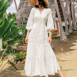 Teelynn Lanterna Manga de algodão Splice Lace vestidos longos para mulheres Vintage Branco V Neck Autumn Boho Dress Party Holiday Vestidos 240418