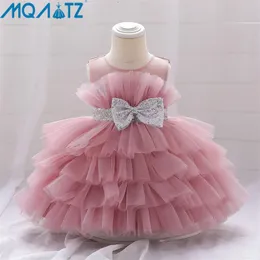 Mqatz sommarklänning 1 år puffy rosa barn bow dopning prinsessa brithday vestidos småbarn barn dop baby flicka kläder 240425
