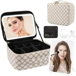 Makeup Bag with Lighted Mirror Case with Adjustable Brightness Mirror and Detachable 10x Magnifying Mirror Beige Cosmetic Bags 240412