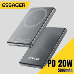 Banki z telefonu komórkowego Essager PD 20W 5000 mAh Slim Power Pack Magnetyczna bezprzewodowa ładowarka Odpowiednia dla iPhone'a 15 14 Pro Max Przenośna zewnętrzna bateria Bank Bank 240424