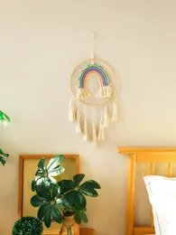 Estatuetas decorativas de arco -íris macrame parede pendurado tapeçaria com loop de madeira para o quarto de garoto estilo bohomian decoração de decoração fofa estética