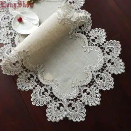 Ställer in elegant vintage broderad spets trim mat linnet tv stativ sängkläder canibet täckbord löpare