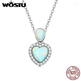 سلاسل Wostu 925 Sterling Silver Love Heart Fire Opal Charm Bracelet Stain Necklace for Women Jewelry Gedding Hight