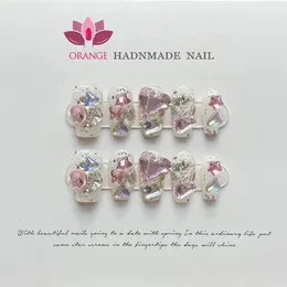 Handmade French Reusable Nail Set Press Full Cover Heart Glitter Diamond Decoration Coffin Manicuree Wearable XS S M L Size Nail 240425