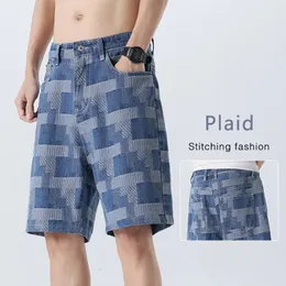 Mode Plaid Denim Shorts for Men Summer rakt casual skarv Jeans Streetwear Baggy Wide Short Pants Male 240412