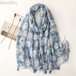 Shawls 2024 Fashion Sky Blue Penoy Floral Tassel Viscose Shawl Scarf Lady Print Soft Wrap Pashmina Stole Bufandas Muslim Hijab 180*90Cm d240426