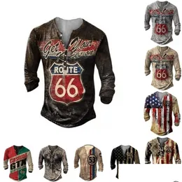 Men'S T-Shirts Spring Autumn Mens T-Shirt Long Sleeve Route 66 Print Button Tees Oversized Tshirts V-Neck Plover Plus Size Men Cloth Dhx07