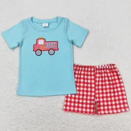 의류 세트 아기 소년 옷 불 트럭 셔츠 탑 체크 무늬 반바지 여름 아이 유아 부티크 의상 도매