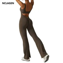 Женские спортивные костюмы Nclagen Женские спортивные спортивные комбинезоны для скрученных брюк для йоги расклешенные брюки набор одноразового тренажерного зала на открытом воздухе Pilates Sports Jumpsuit 240424