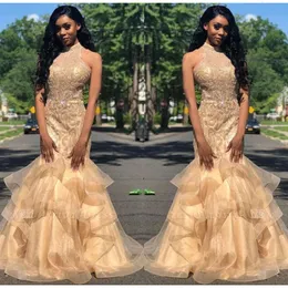 Lange elegante Meerjungfrau Halfer Organza Prom 2019 Perlen Stones Layered Rüschen bodenlange formale Partyabendkleider BC1667