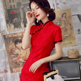 Lässige Kleider Slim Cheongsam Thin Women Herbst Bodycon Button Blumen handgefertigtes Spitze gedruckter klassischer Mode