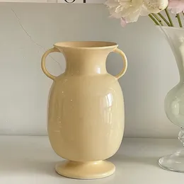 Vases Greek Classic Retro Beige Double Handle Ceramic Milk Yellow Fufu Warm Vase