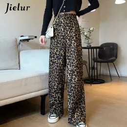 Capris Jielur Fashion Leopard High High Women Pants Vintage Casual New Female Pants Young Streetwear Hiphop Wide Legro